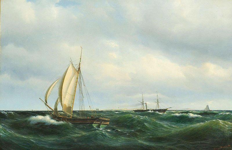 Vilhelm Melbye Stormfuld Eftermiddag i Skagerak. En dansk Jagt og forskjellige Skibe passere Skagen Germany oil painting art